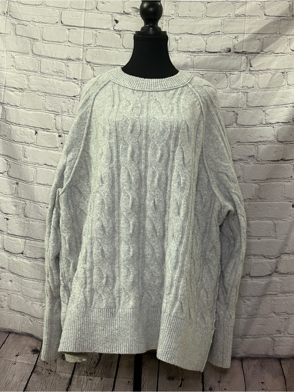 aerie Light Gray Cable Knit Crewneck Sweater